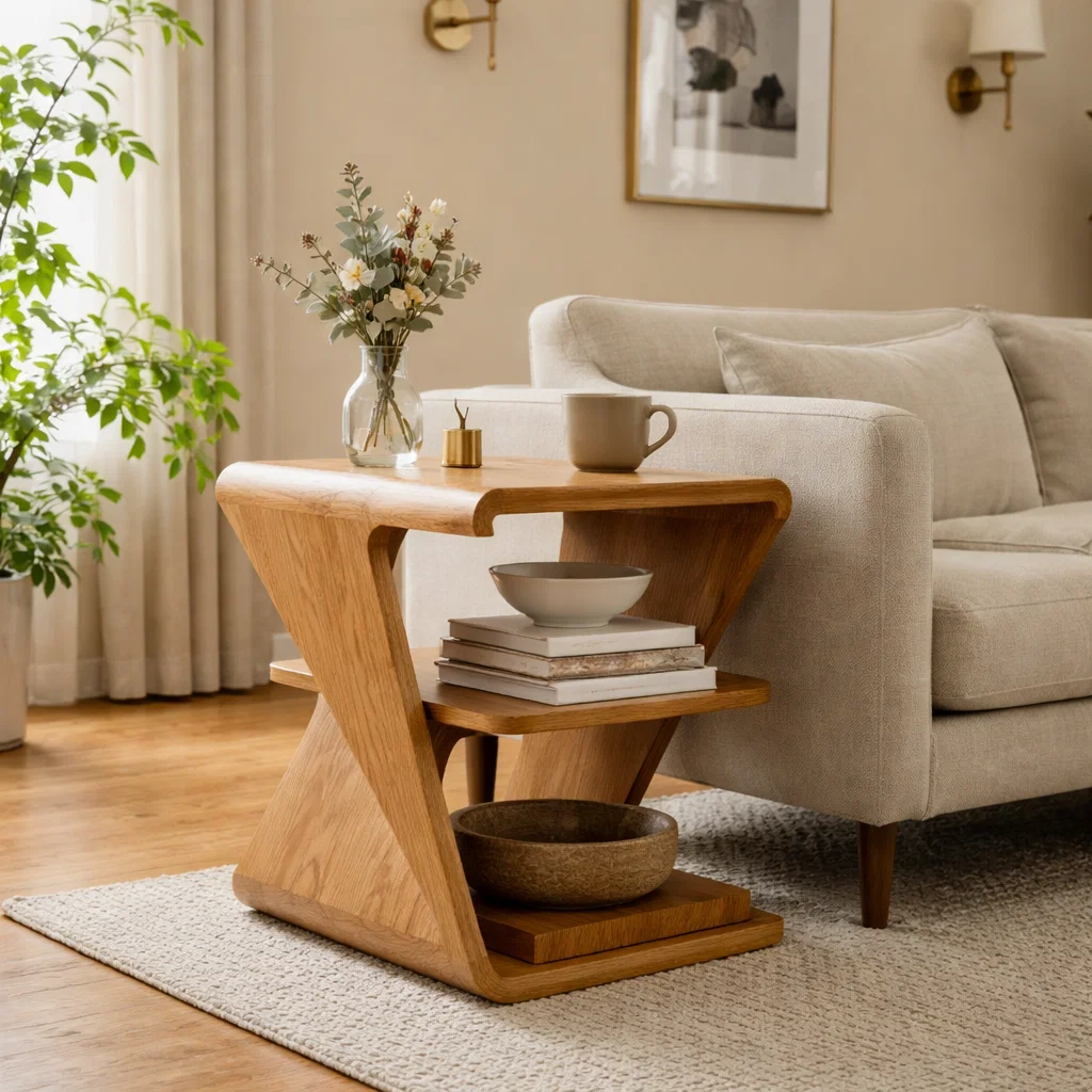 Modern Solid Wood End Table with Storage Shelves – Sculptural Side Table