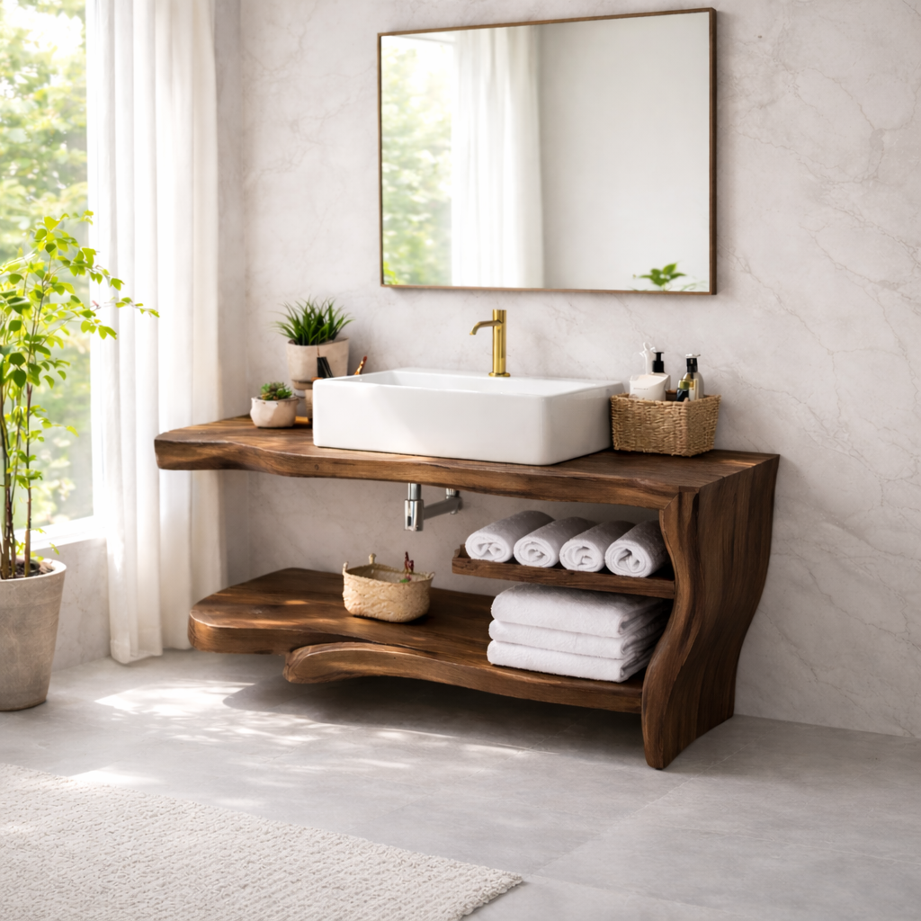 Live Edge Solid Wood Bathroom Vanity with Shelf β Rustic Modern Floating Vanity