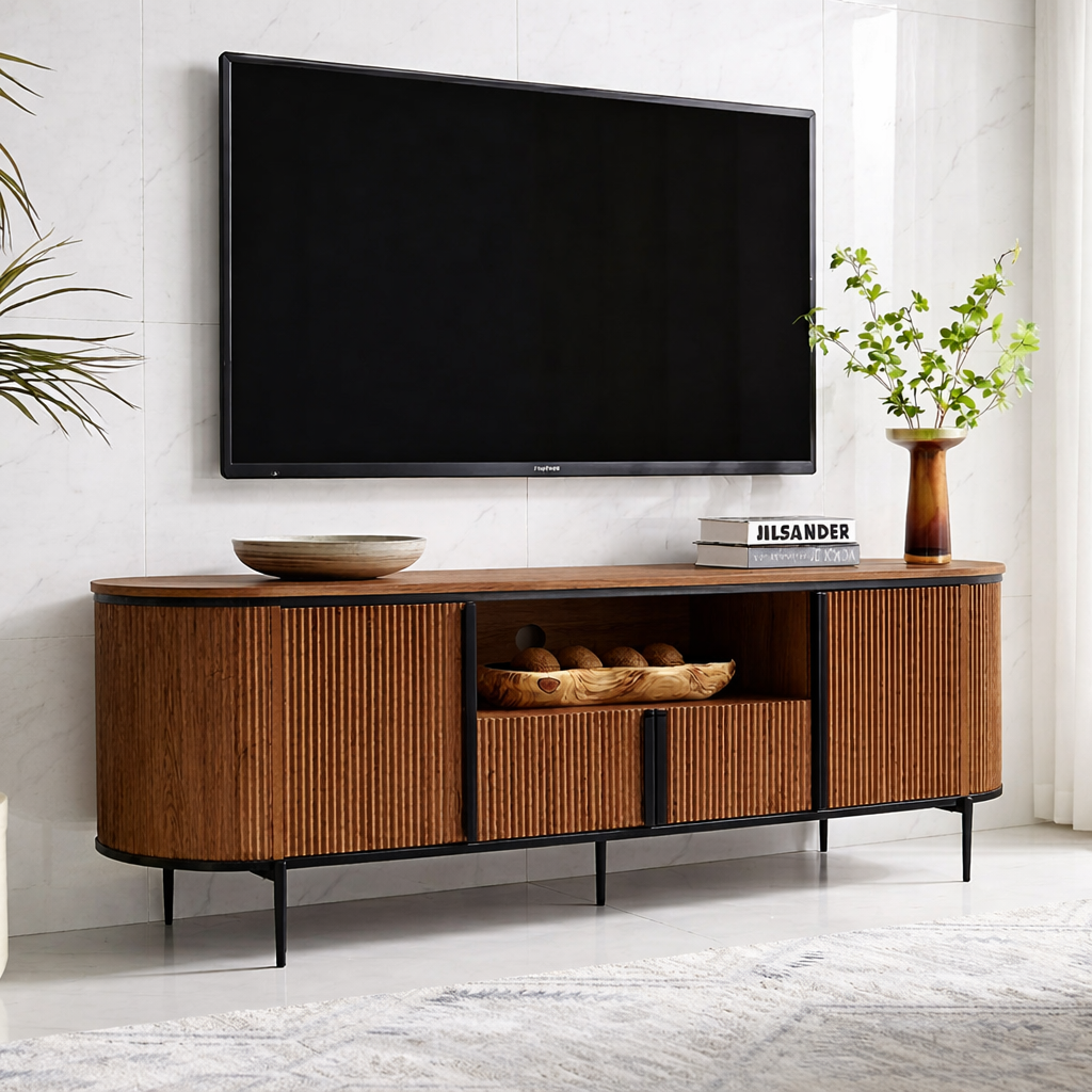 Modern Solid Wood TV Stand Curved Fluted Media Console with Metal Base Storage