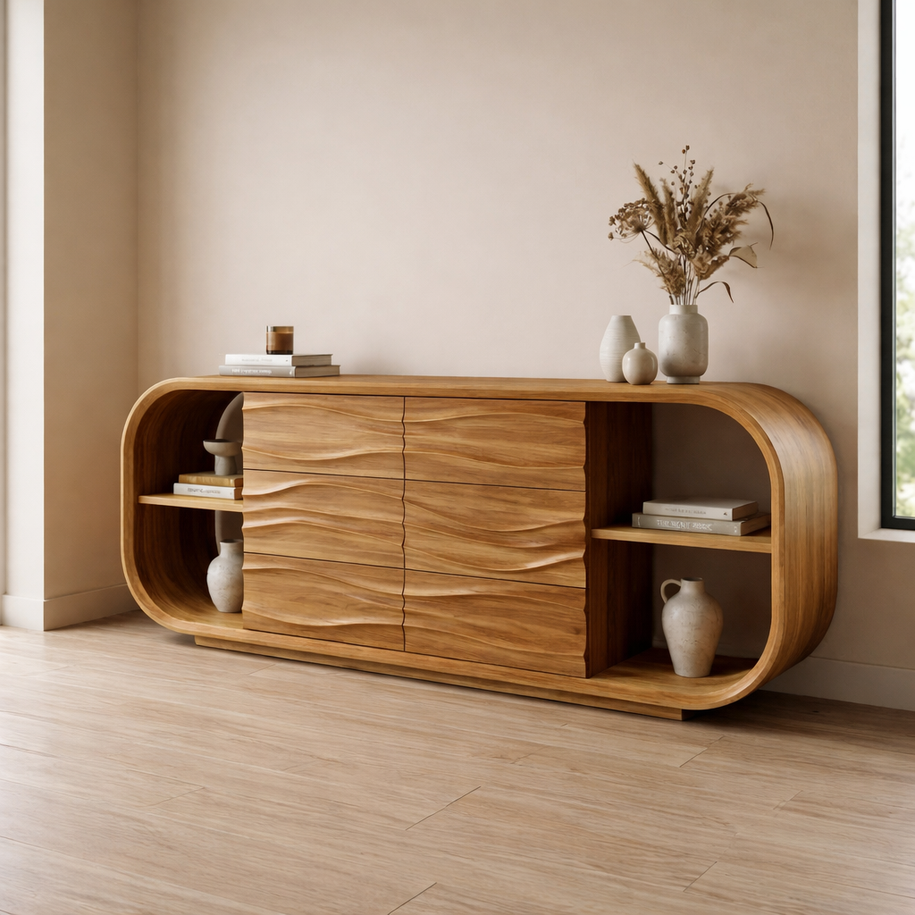 Wave Carved Walnut Console Cabinet - Curved Sideboard with Organic Textures
