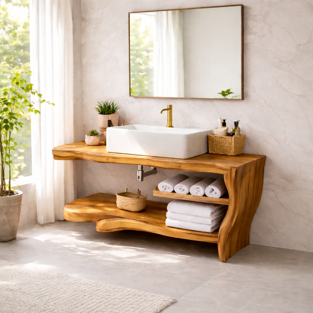Live Edge Solid Wood Bathroom Vanity with Shelf β Rustic Modern Floating Vanity