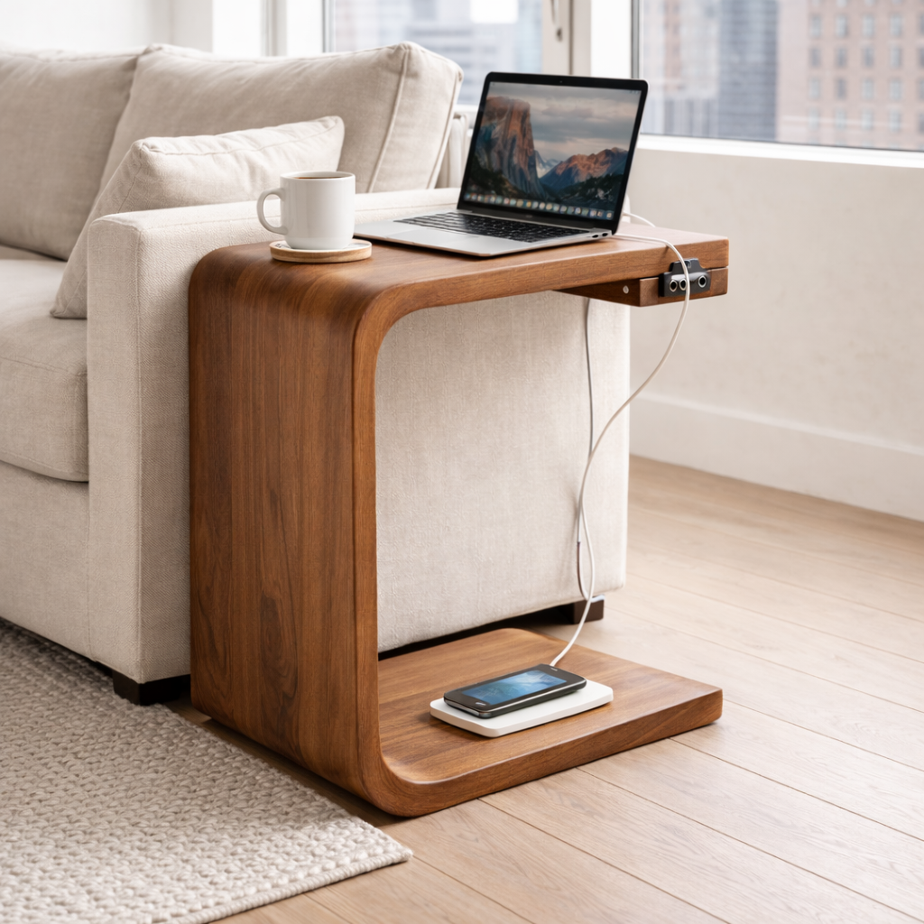 Solid Wood C-Shaped End Table with Charging Port – Modern Sofa Side Table