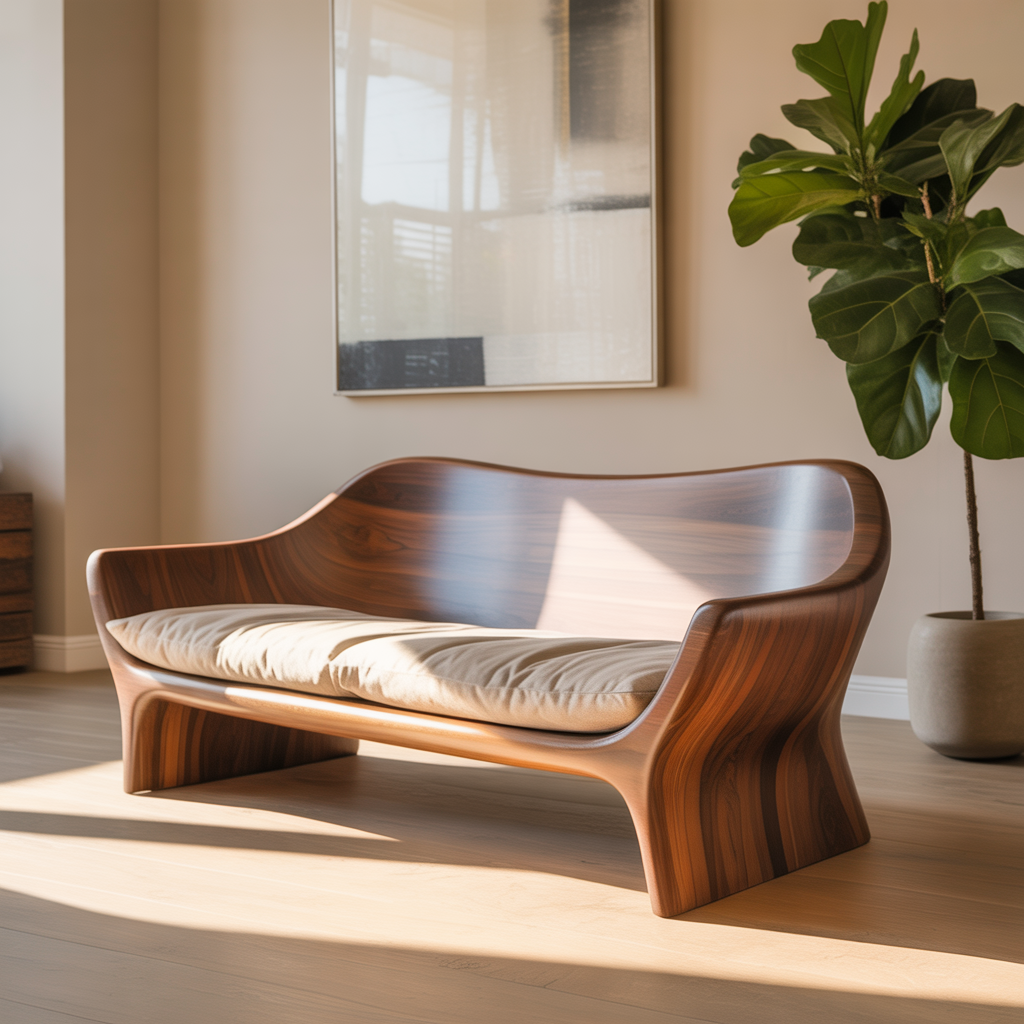 Modern Solid Wood Sofa with Sculpted Curved Frame