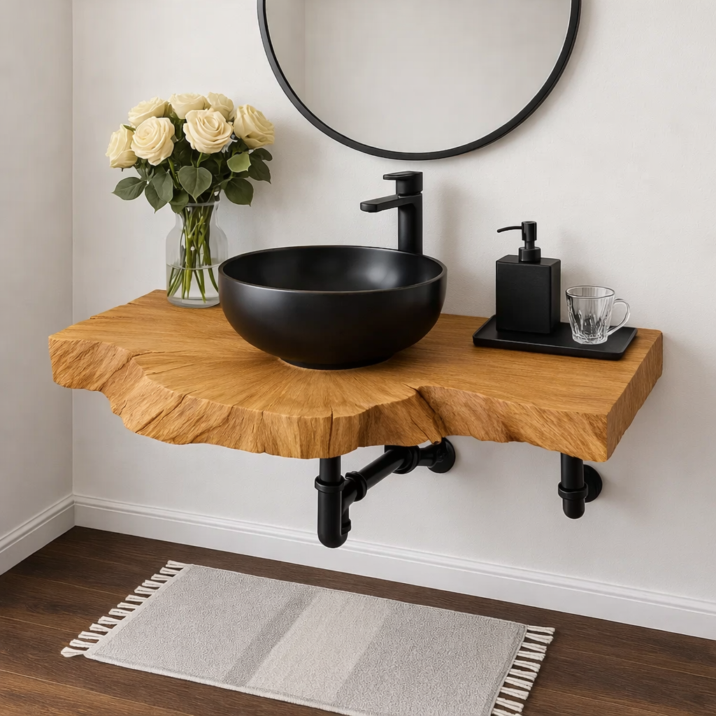 Solid Wood Live Edge Floating Bathroom Vanity Wall Mounted Rustic Vanity