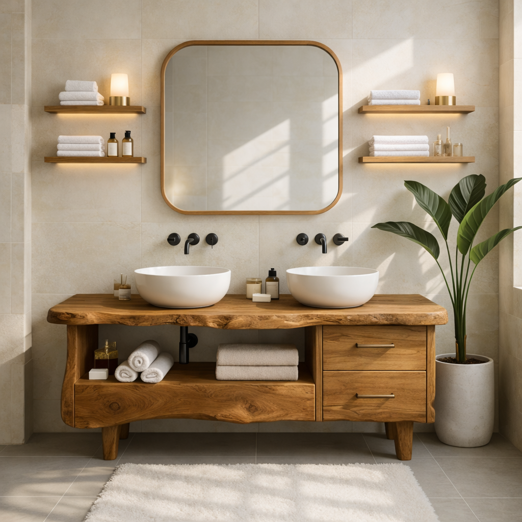 Rustic Double Bathroom Vanity Cabinet With Live Edge Wood Top And Drawers