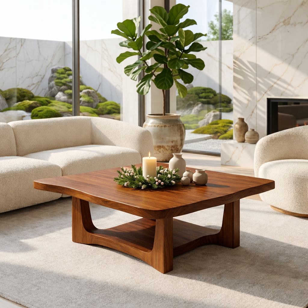 Solid Oak Coffee Table with Curved Edges and Open Base, Modern Japanese Style Living Room Table