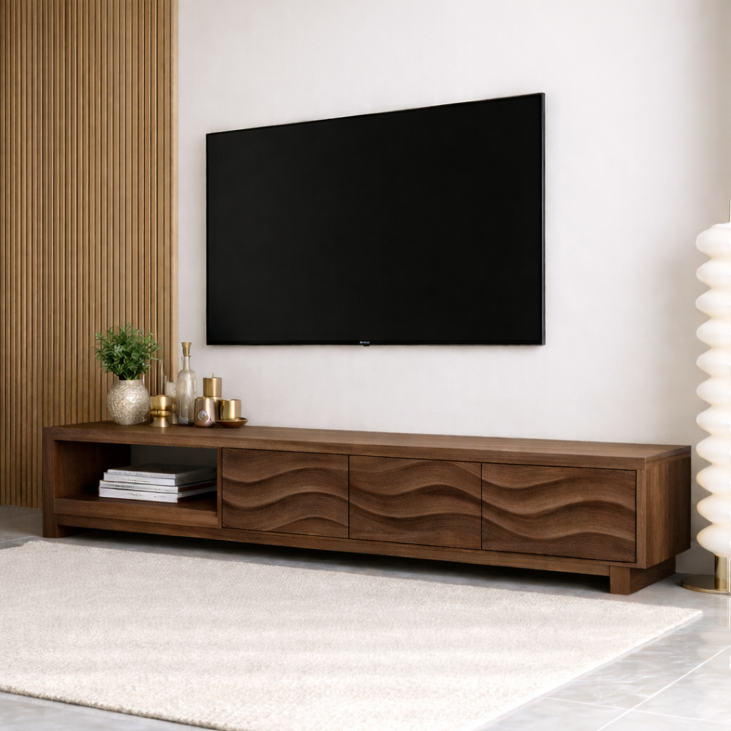 Mid Century Solid Wood TV Stand Wave Front Media Console Long Entertainment Unit