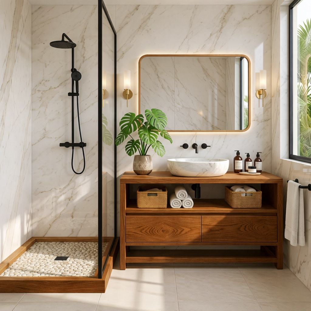 Modern Oak Bathroom Vanity with Marble Sink and LED Mirror