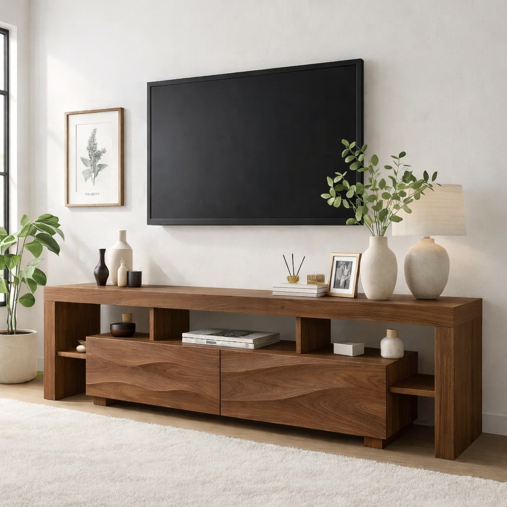 Modern Wave Front Wood TV Stand Long Media Console With Open Shelves Entertainment Center