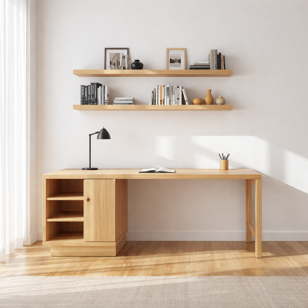 Handcrafted Solid Wood Work Desk with Storage Minimalist Scandinavian Home Office