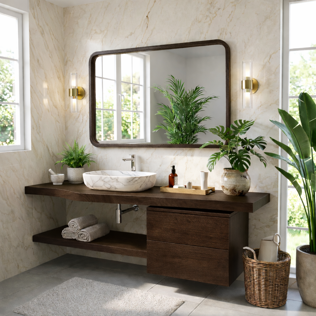 Floating Bathroom Vanity with Natural Wood Finish and Open Shelf