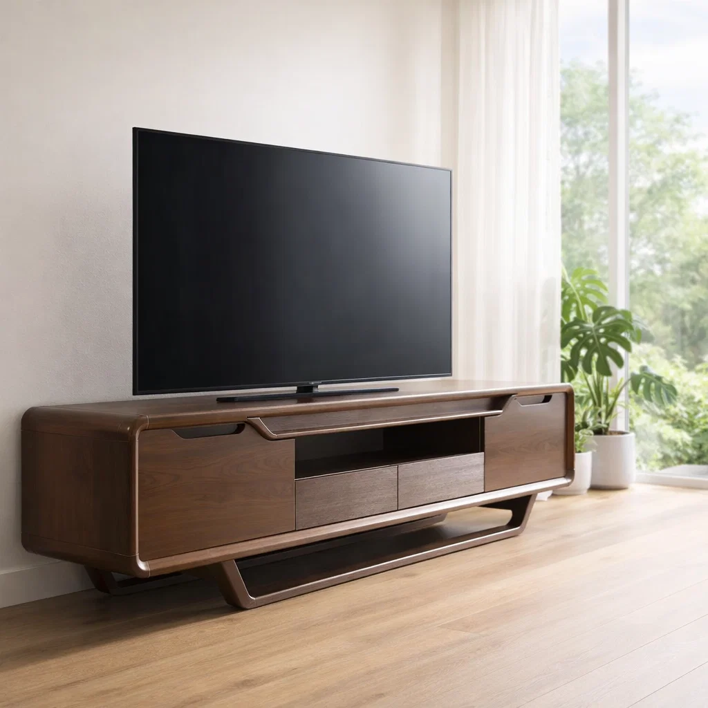 Modern Solid Wood TV Console with Curved Edges & Storage Cabinets