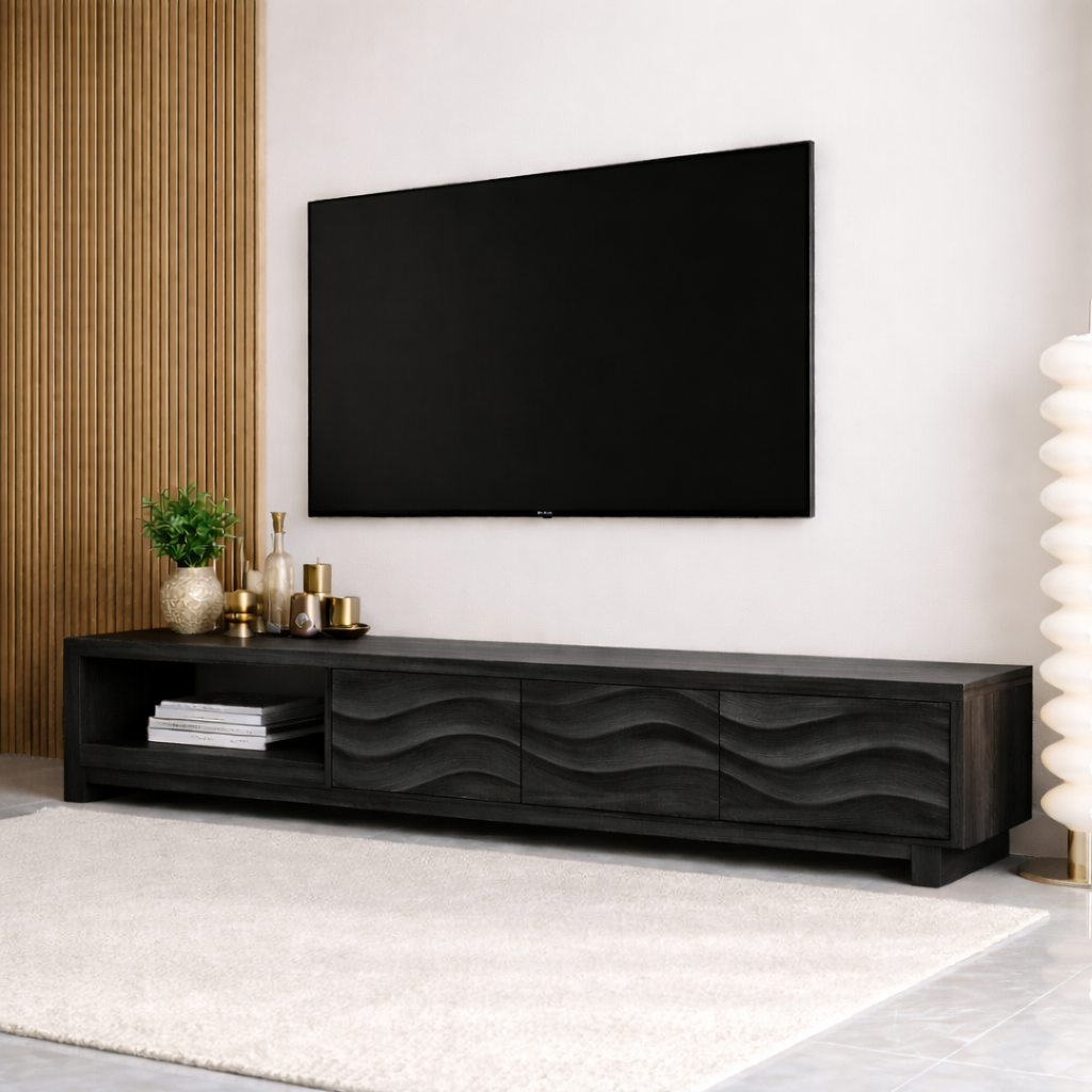 Mid Century Solid Wood TV Stand Wave Front Media Console Long Entertainment Unit