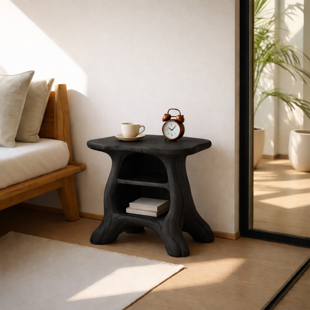 Modern Wooden Nightstand with Curved Base and Spacious Shelves - Wood Design