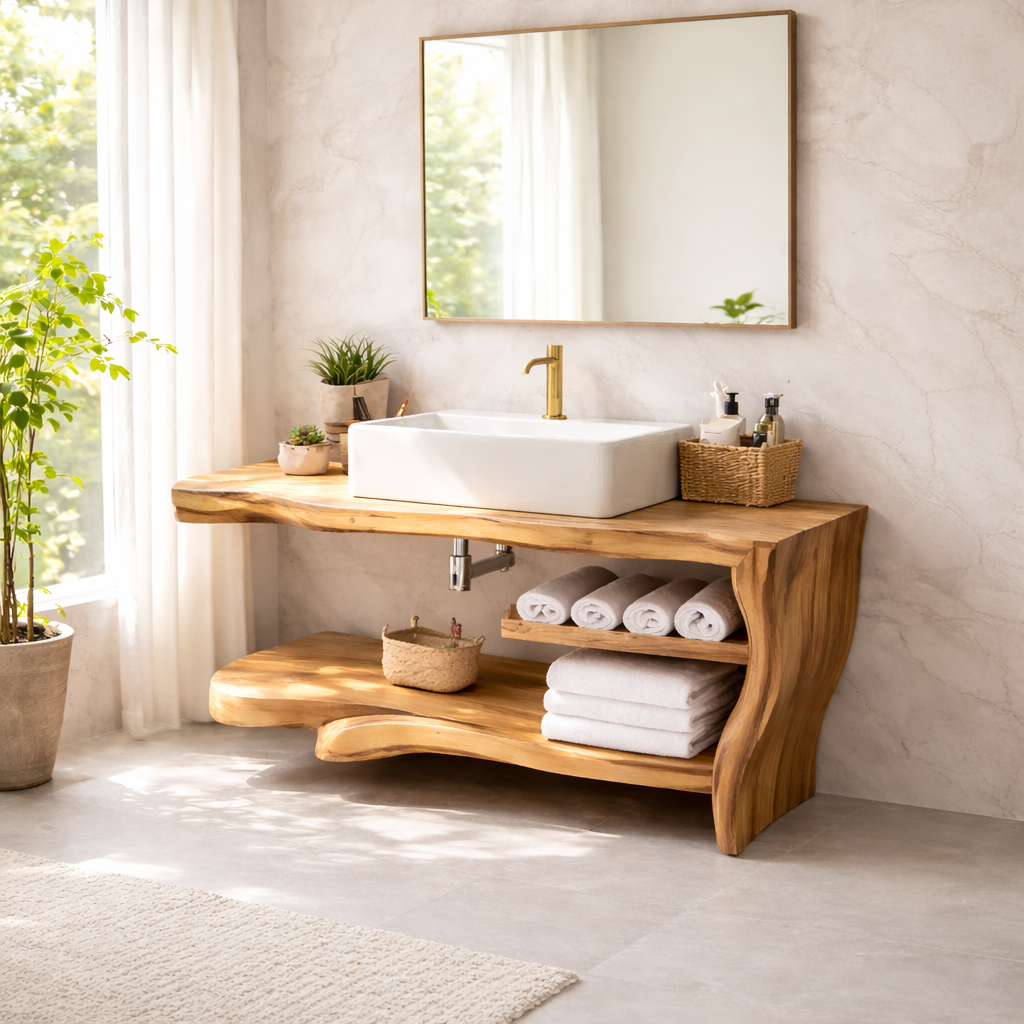 Live Edge Solid Wood Bathroom Vanity with Shelf β Rustic Modern Floating Vanity