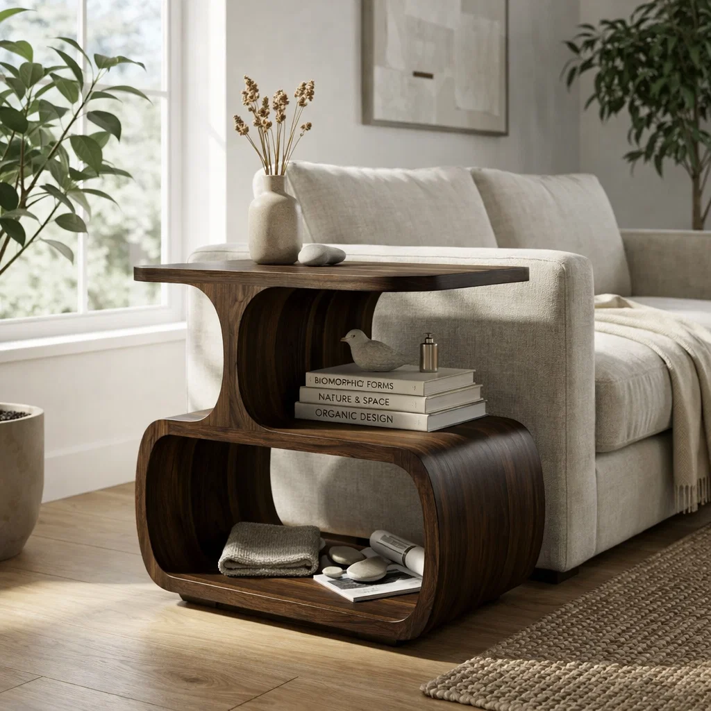 Solid Wood Sculptural End Table with Storage Shelves – Modern Curved Side Table