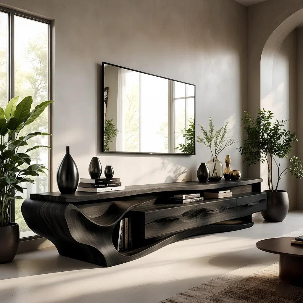 Solid Wood Media Console with Curved Design, Modern TV Stand with Storage