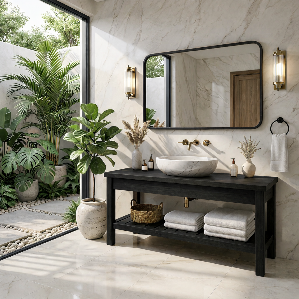 Modern Oak Bathroom Vanity with White Marble Sink and Golden Fixtures