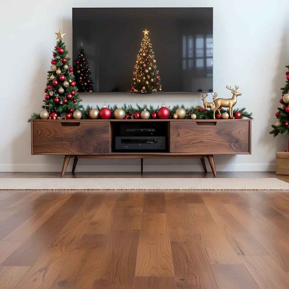 Solid Wood TV Stand Mid Century Walnut Media Console with Storage Cabinet
