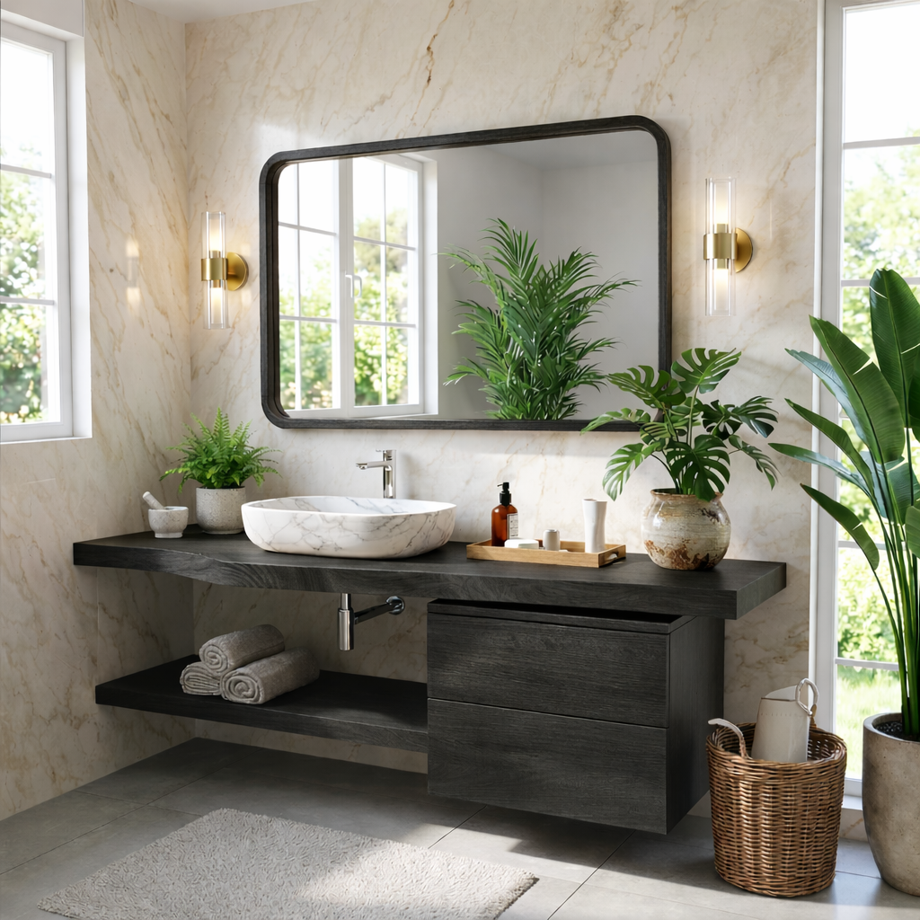 Floating Bathroom Vanity with Natural Wood Finish and Open Shelf
