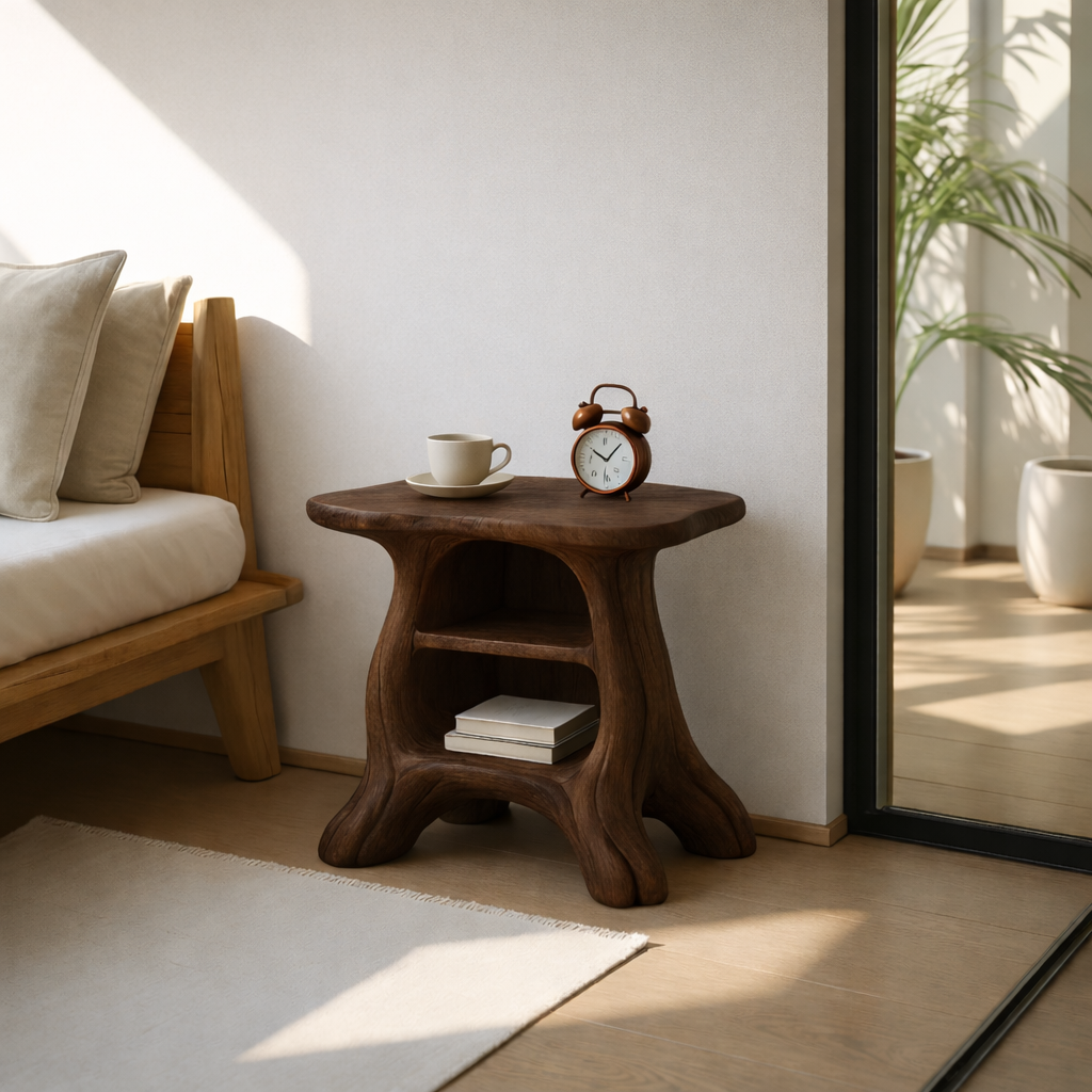 Modern Wooden Nightstand with Curved Base and Spacious Shelves - Wood Design