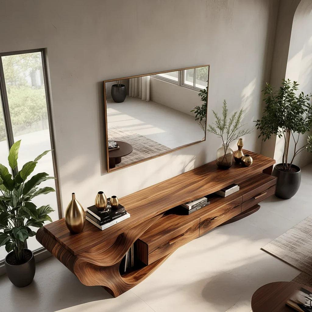 Solid Wood Media Console with Curved Design, Modern TV Stand with Storage