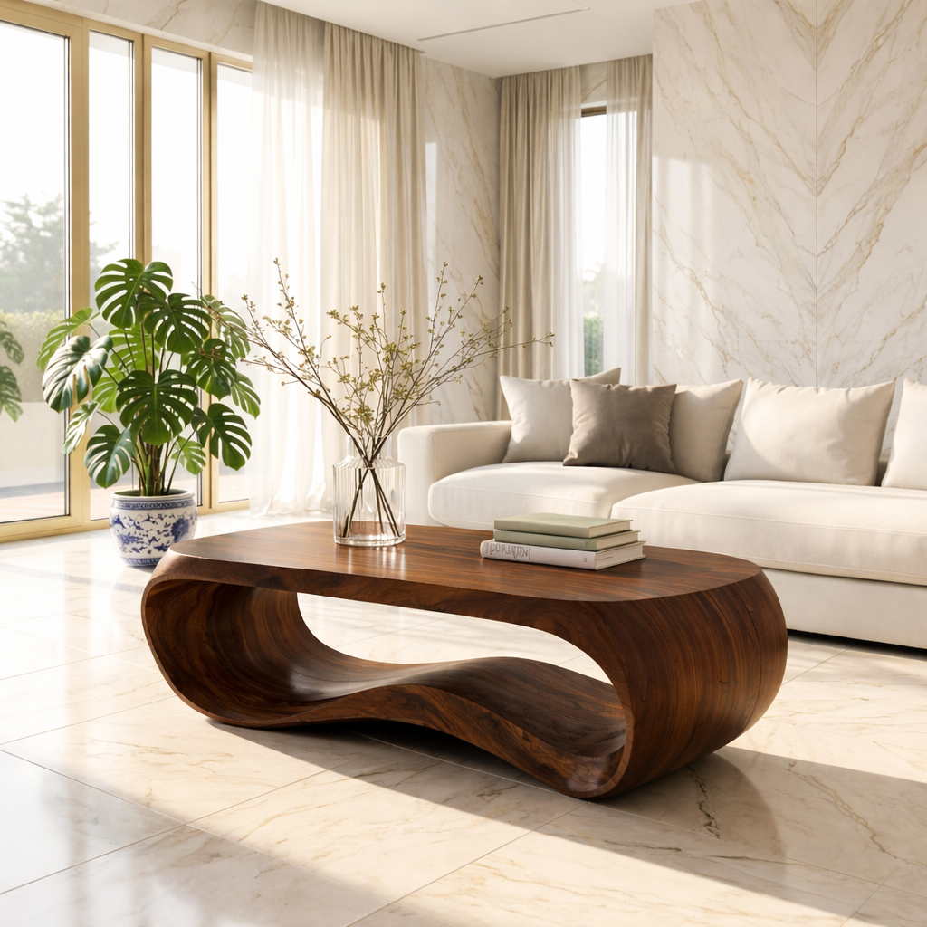 Contemporary Sculptural Wood Coffee Table with Curved Design
