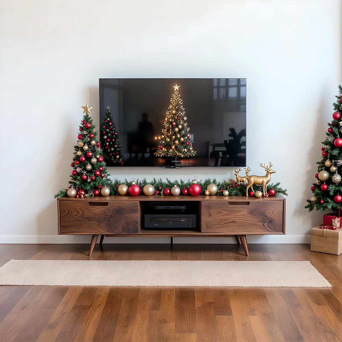 Solid Wood TV Stand Mid Century Walnut Media Console with Storage Cabinet