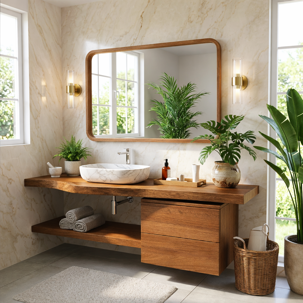 Floating Bathroom Vanity with Natural Wood Finish and Open Shelf