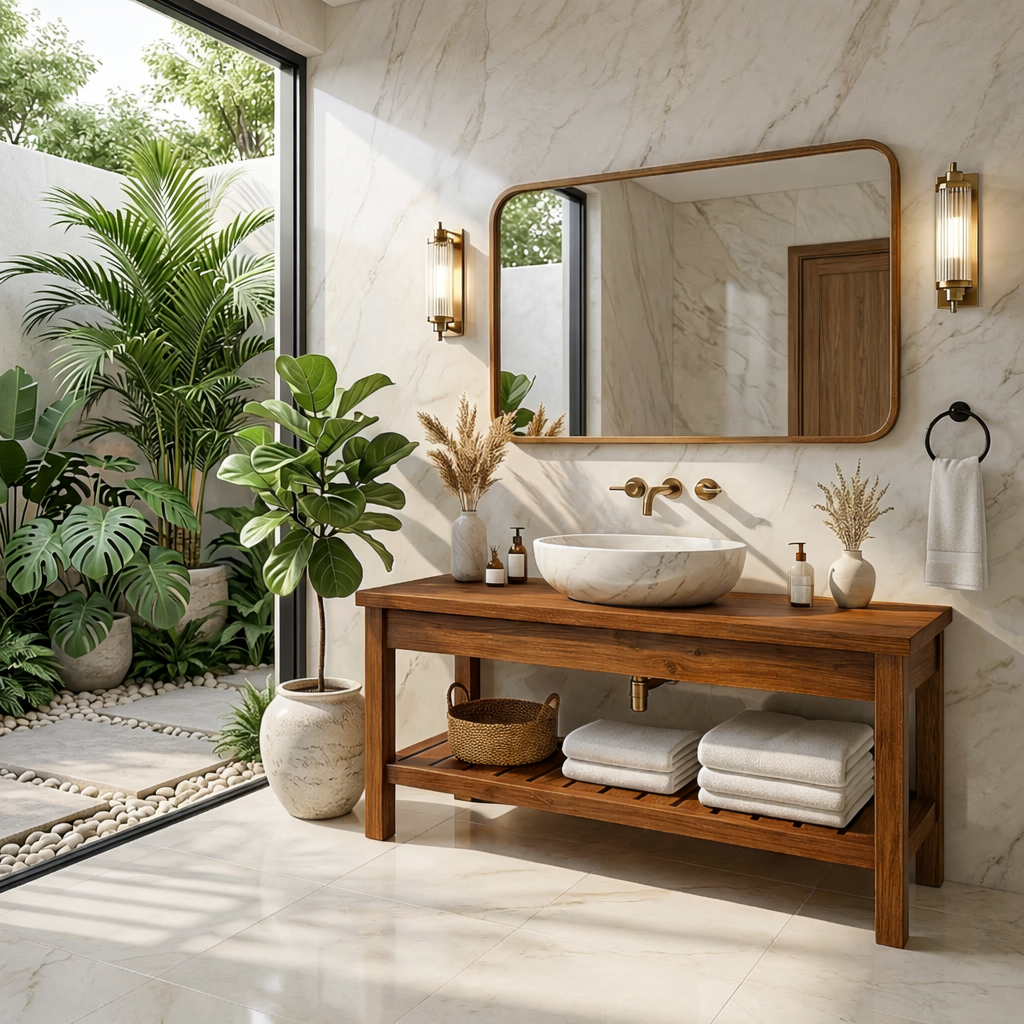 Modern Oak Bathroom Vanity with White Marble Sink and Golden Fixtures