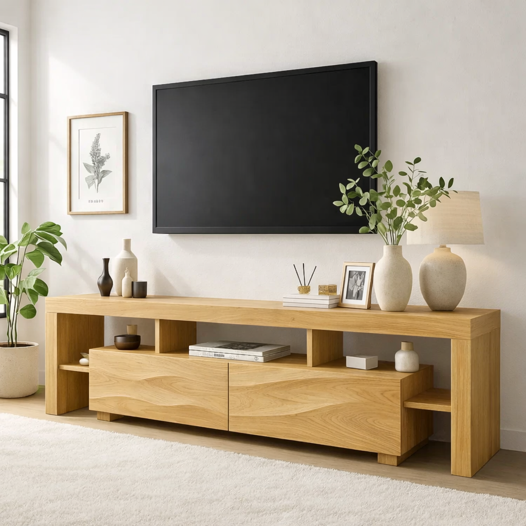 Modern Wave Front Wood TV Stand Long Media Console With Open Shelves Entertainment Center