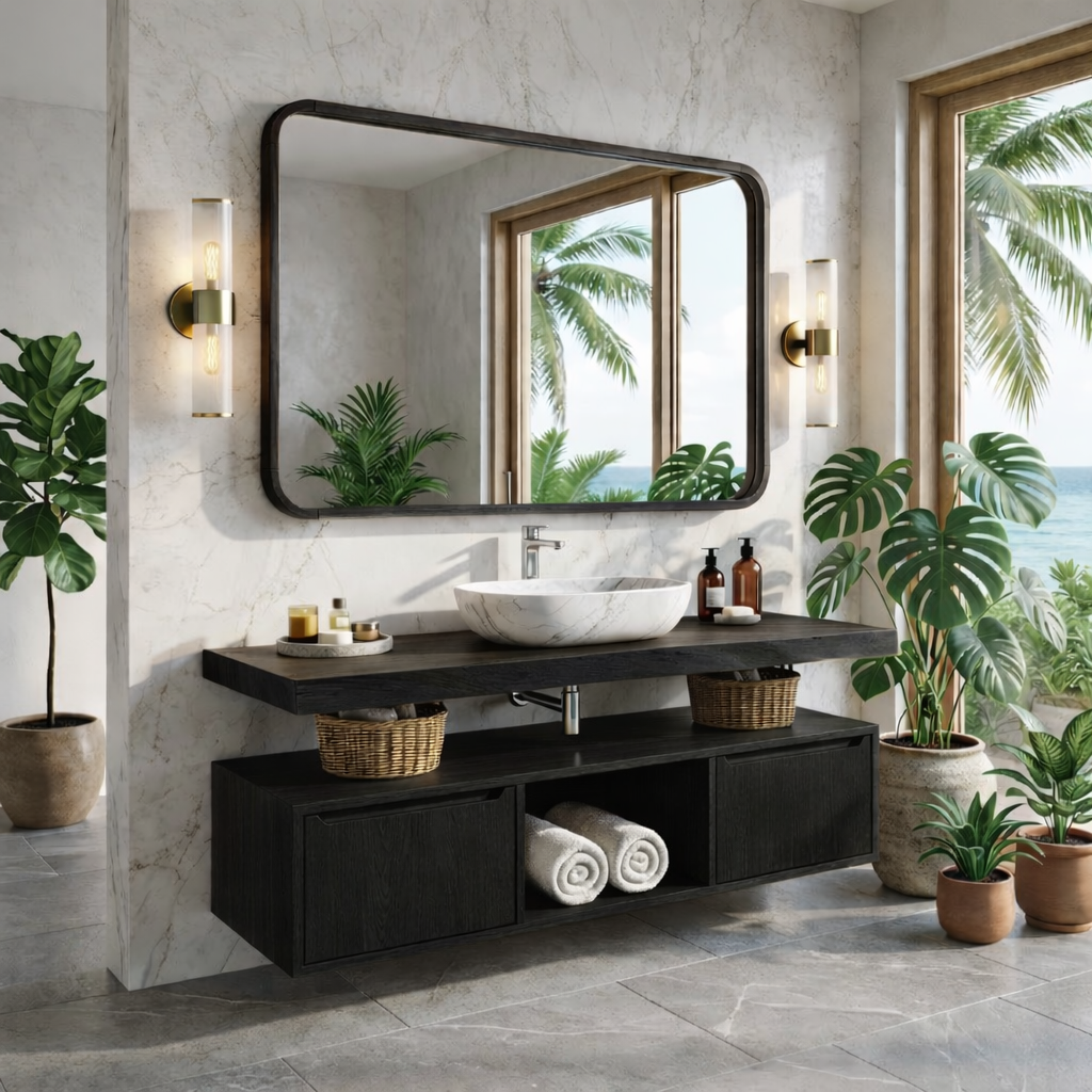 Floating Bathroom Vanity with Natural Wood Design and Spacious Storage