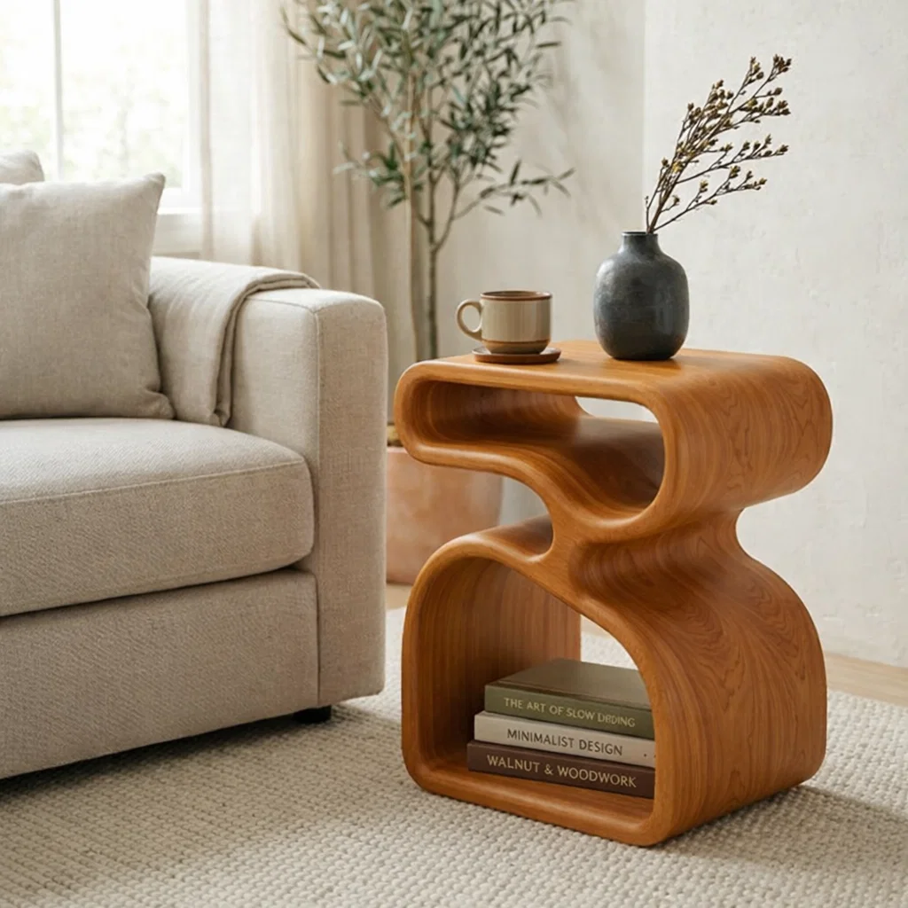 Organic Solid Wood End Table with Sculptural Curves and Storage Shelf