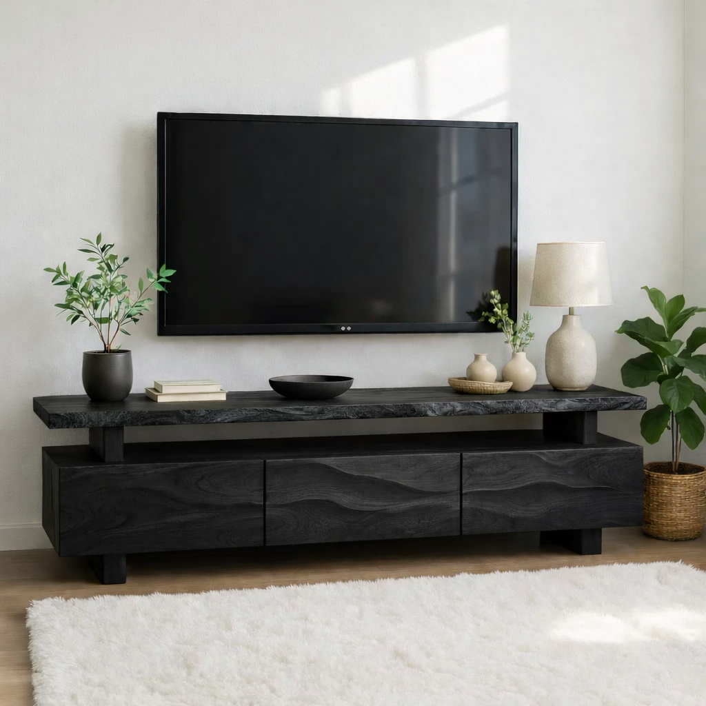 Modern Wave Front Wood TV Stand Long Media Console Low Profile Entertainment Center