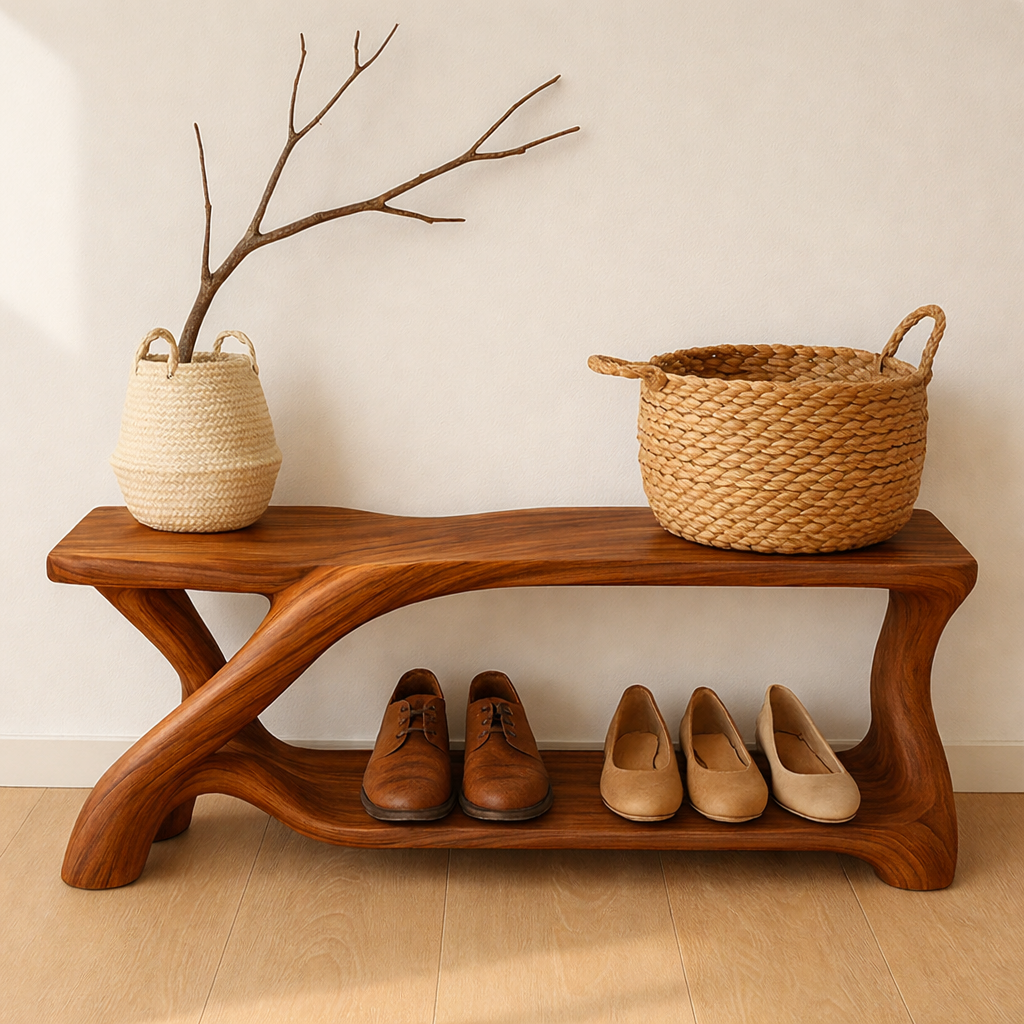 Modern Wooden Shoe Storage Bench – Solid Wood Entryway Bench with Shelf