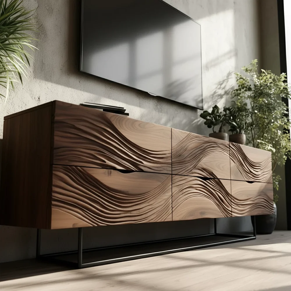 Solid Wood TV Stand Modern Walnut Media Console with Wave Design Storage