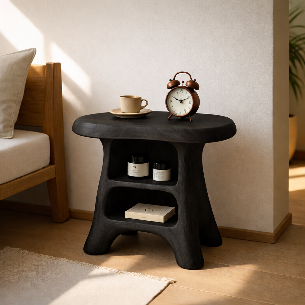 Modern Wood Nightstand with Curved Base and Shelves for Bedroom Storage