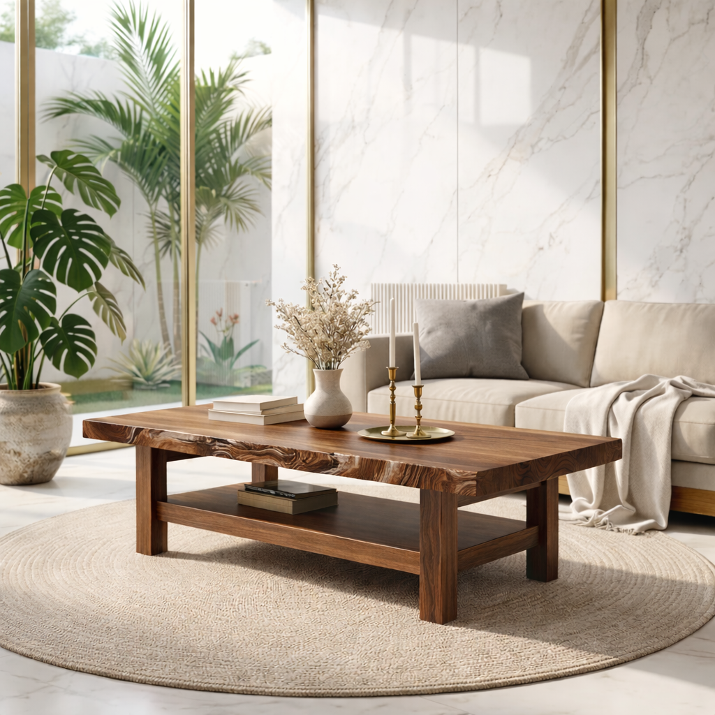 Handcrafted Solid Wood Coffee Table with Open Shelf and Natural Finish