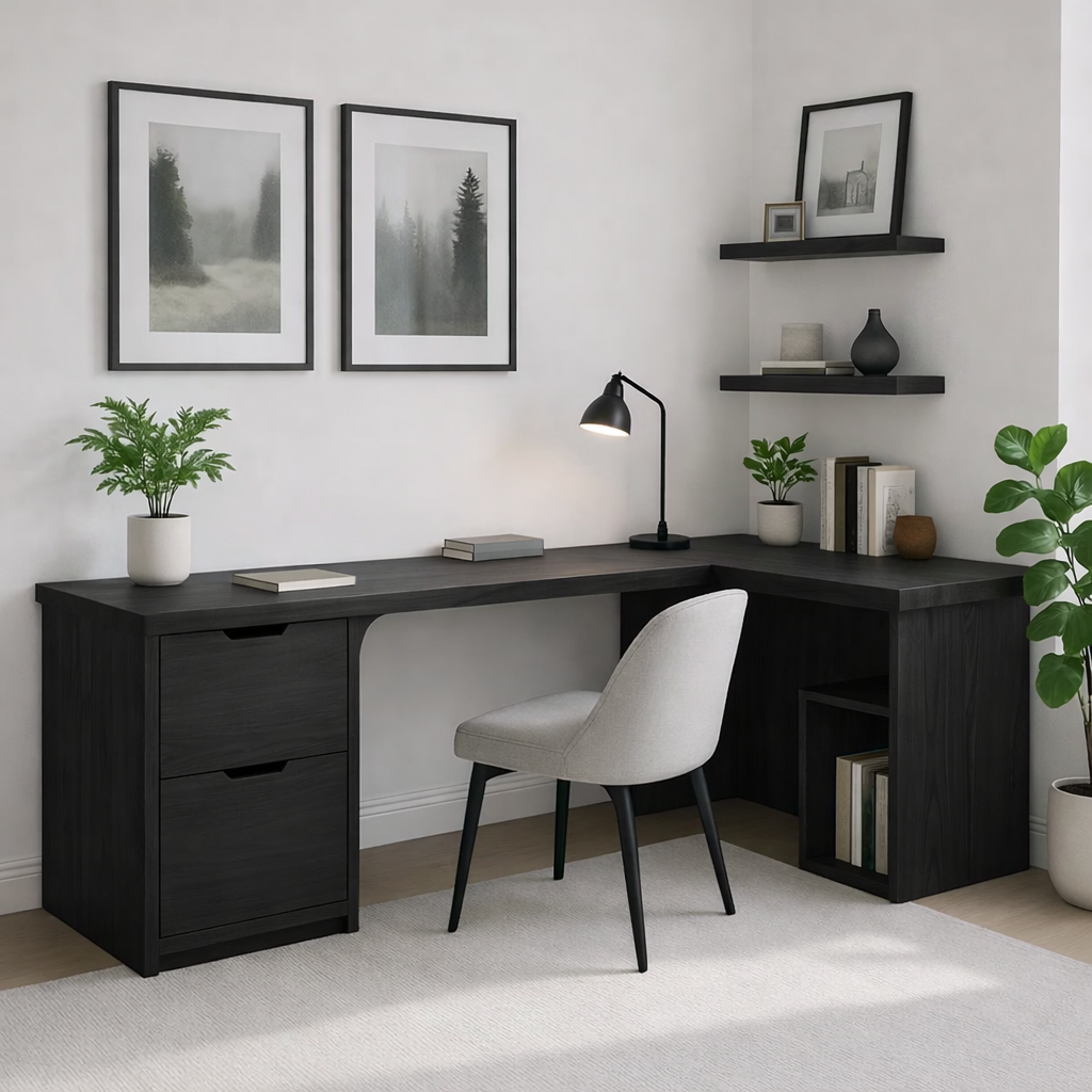 Modern L-Shaped Walnut Desk with Storage Drawer – Minimalist Corner Workspace