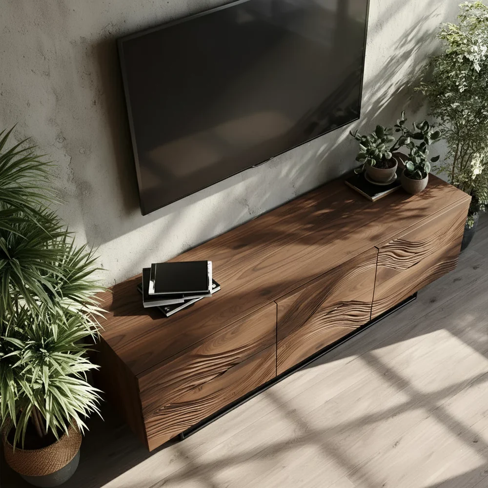 Solid Wood TV Stand Modern Walnut Media Console with Wave Design Storage