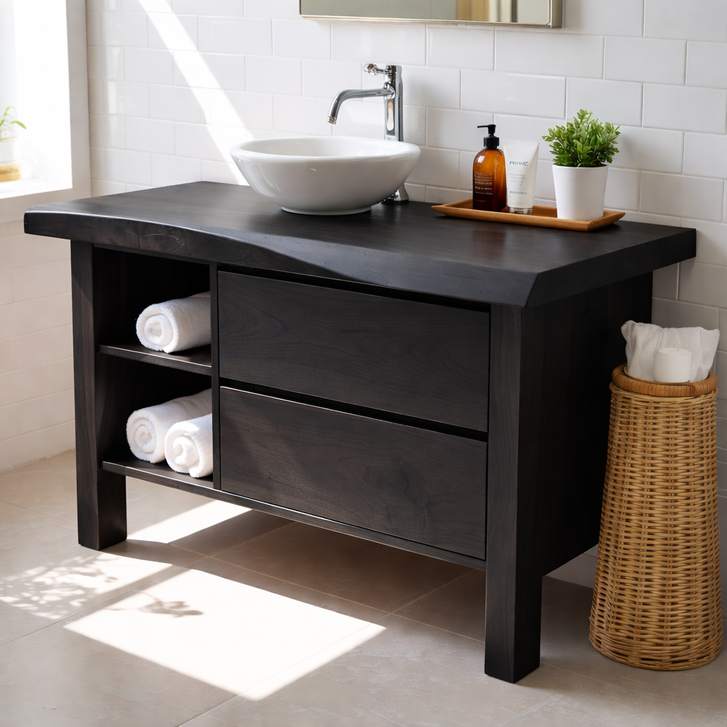 Modern Solid Wood Bathroom Vanity Cabinet With Drawers And Open Shelf