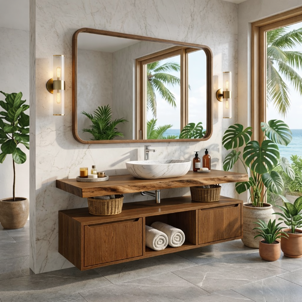 Floating Bathroom Vanity with Natural Wood Design and Spacious Storage