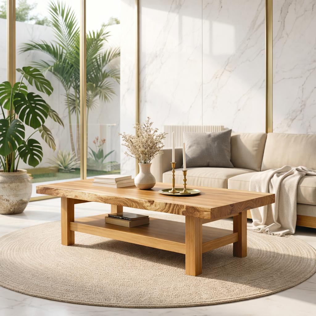 Handcrafted Solid Wood Coffee Table with Open Shelf and Natural Finish