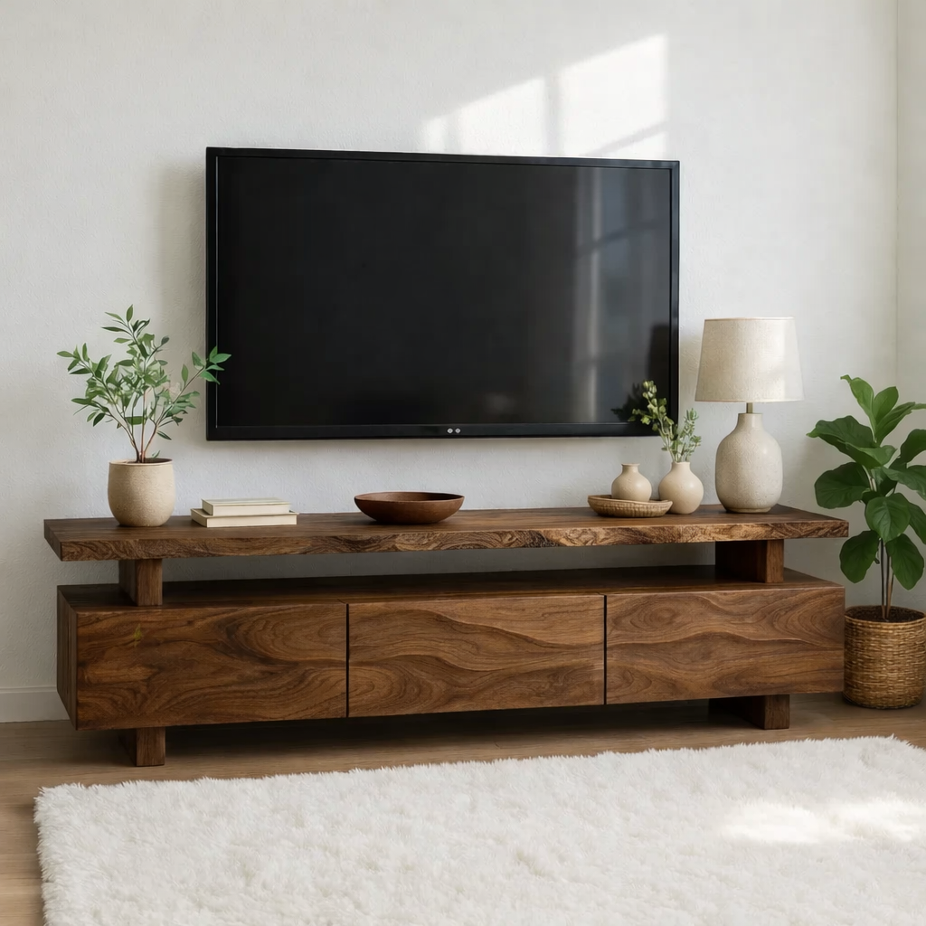 Modern Wave Front Wood TV Stand Long Media Console Low Profile Entertainment Center