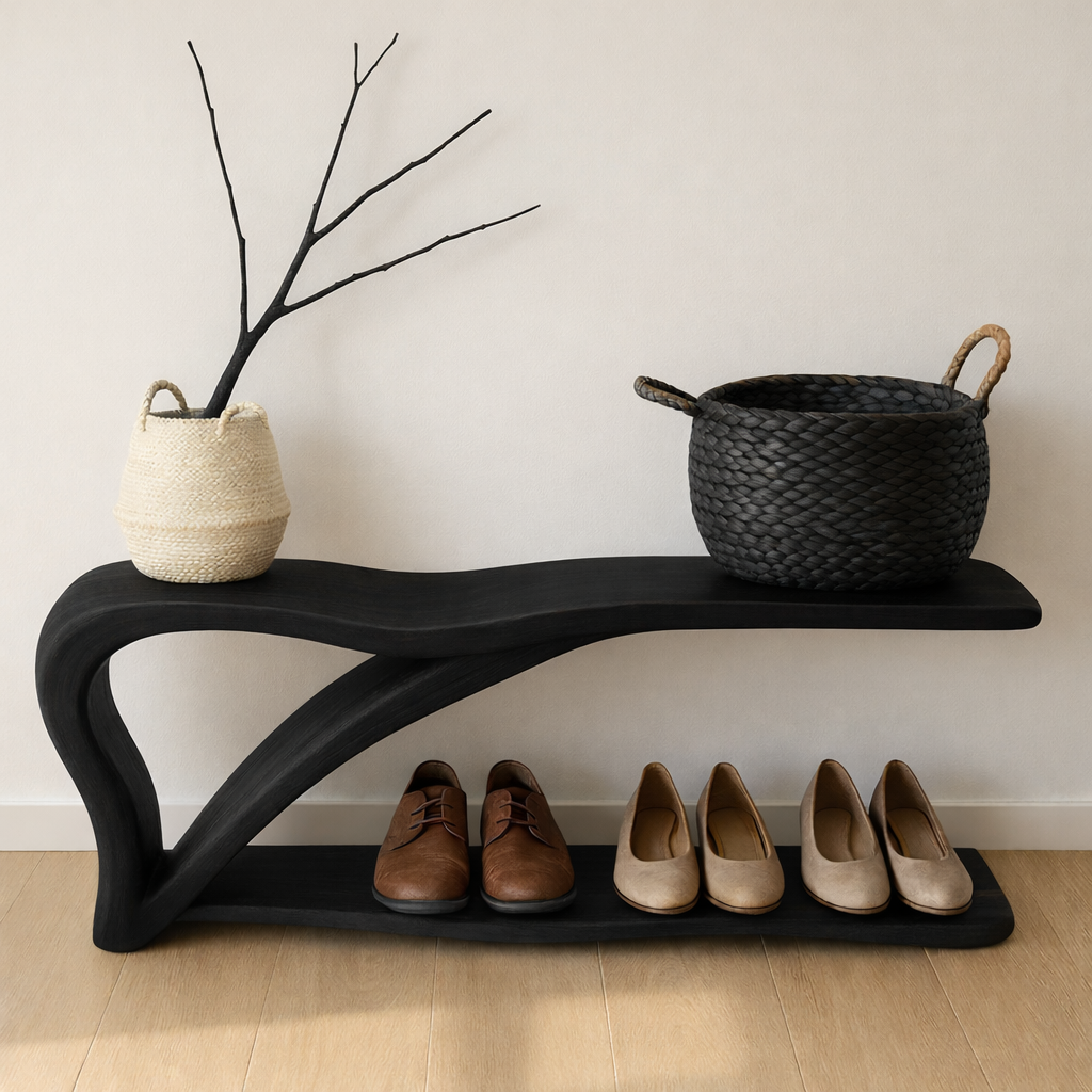 Sculptural Wooden Shoe Storage Bench – Solid Wood Entryway Bench with Shelf