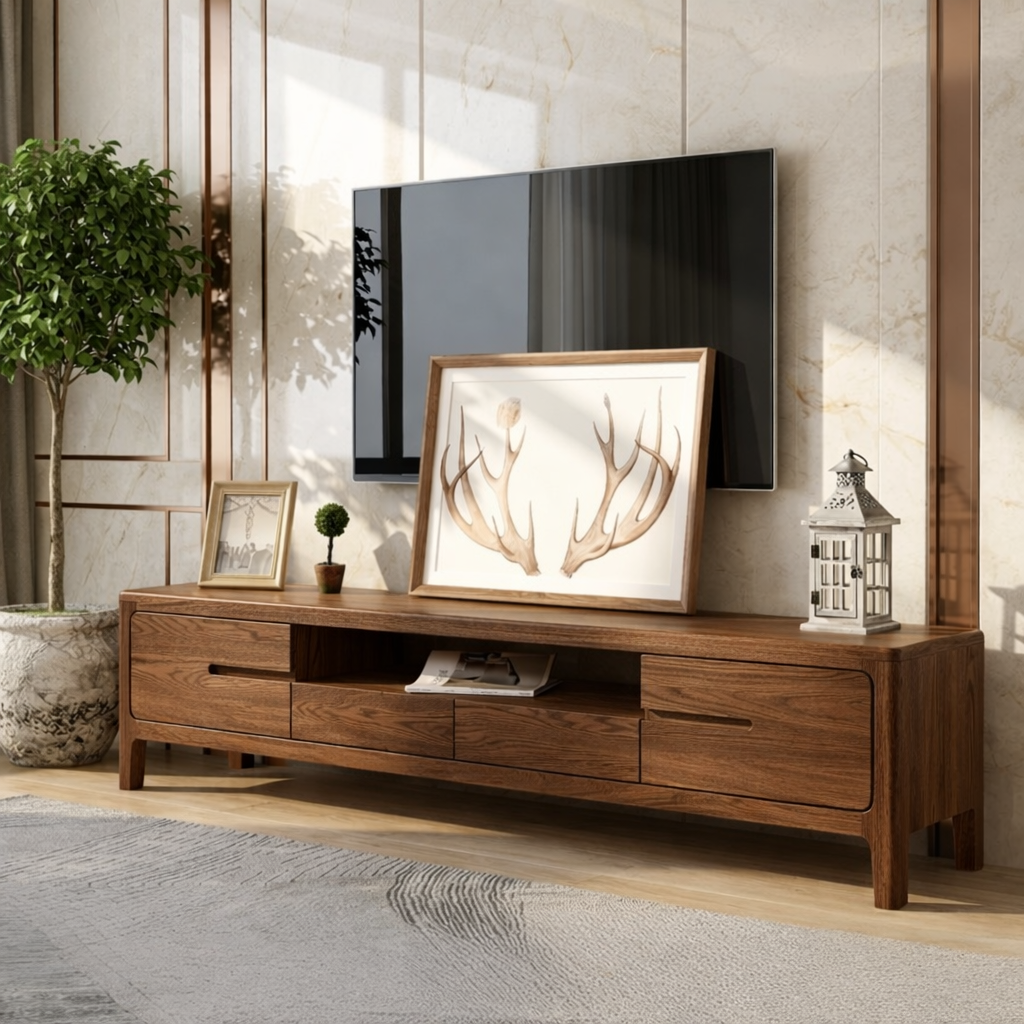 Solid Wood TV Stand with Drawers, Modern Low Profile Media Console Cabinet