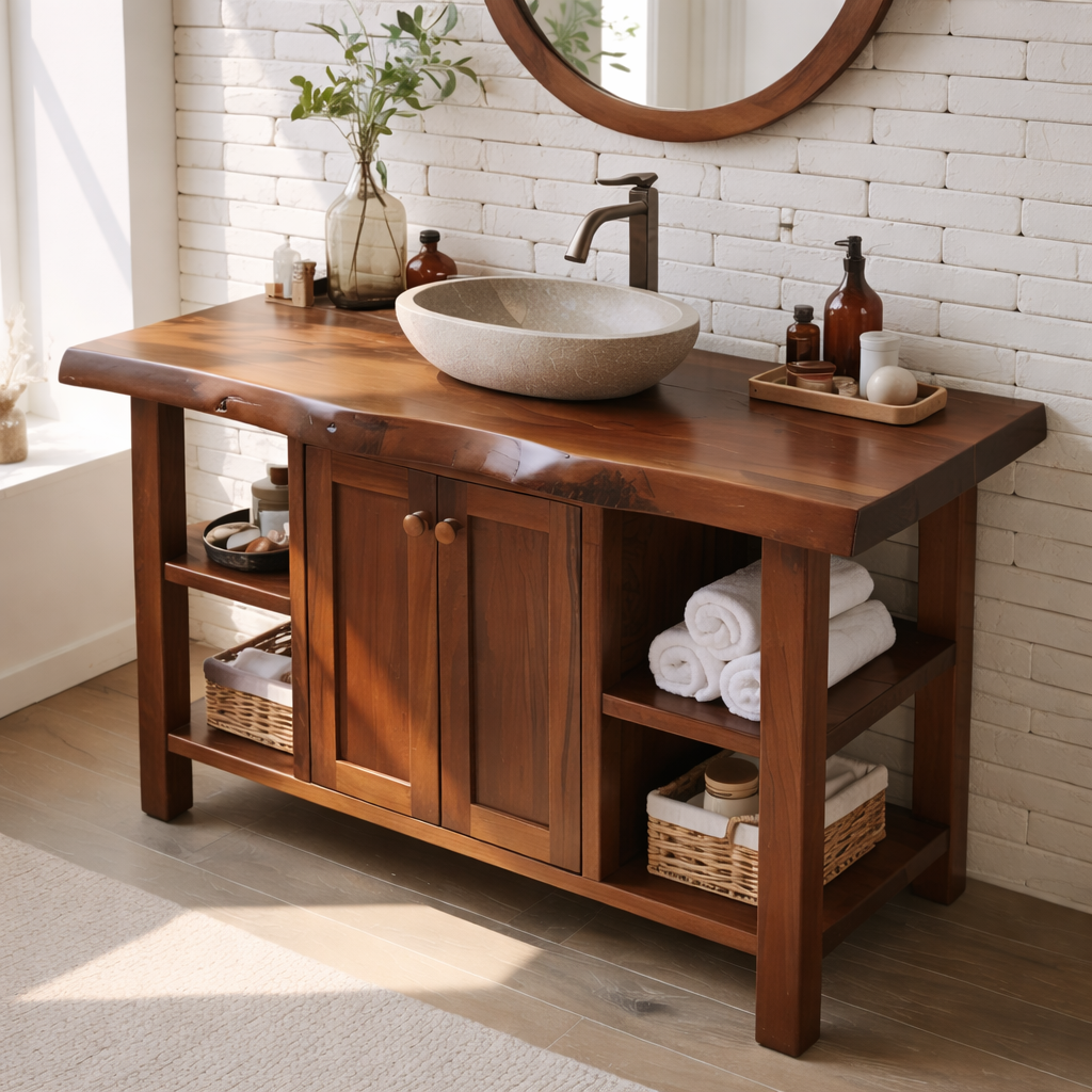 Handcrafted Solid Wood Bathroom Vanity with Live Edge Countertop and Open Storage Shelves