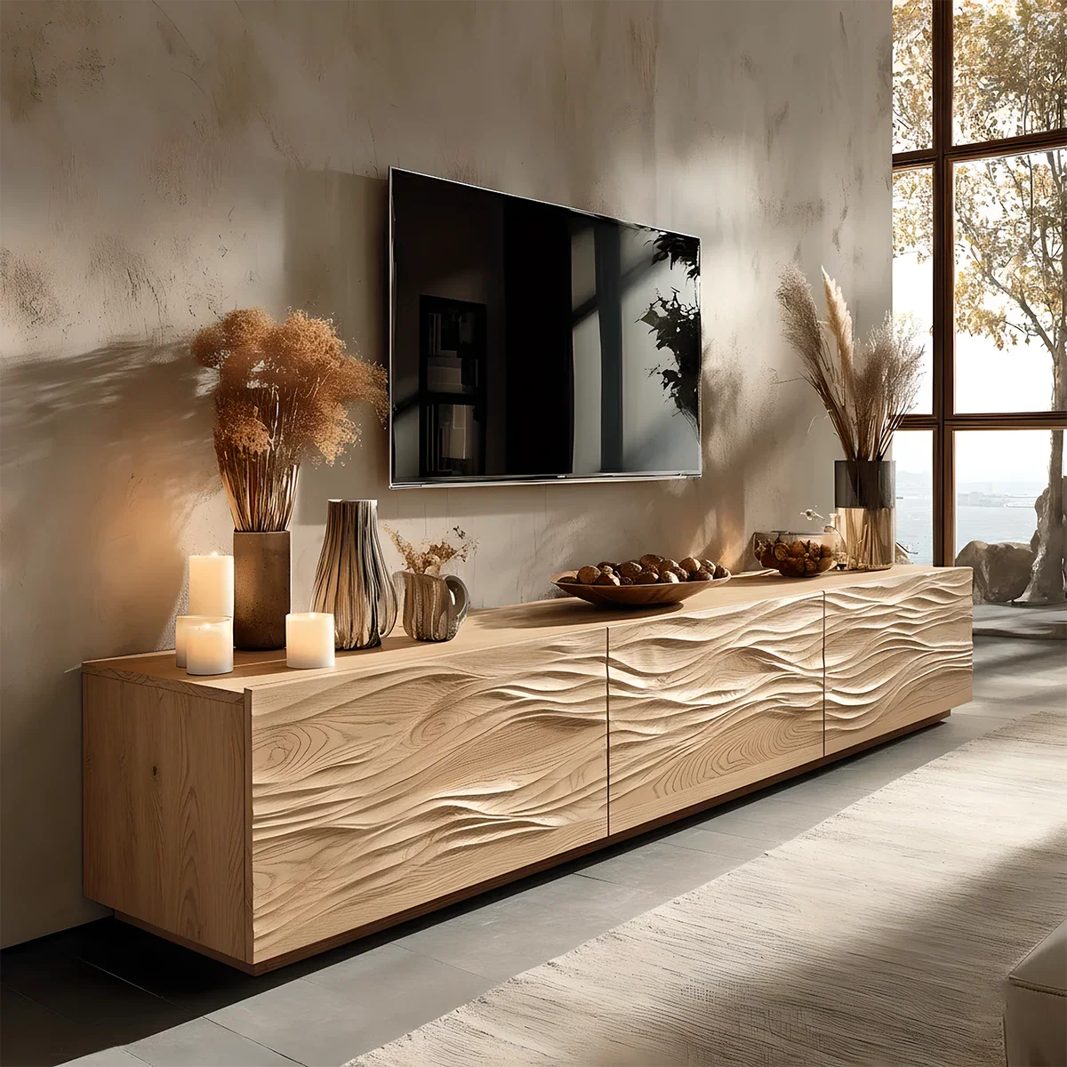 Solid Wood TV Stand Modern Oak Media Console with Wave Carved Doors and Storage