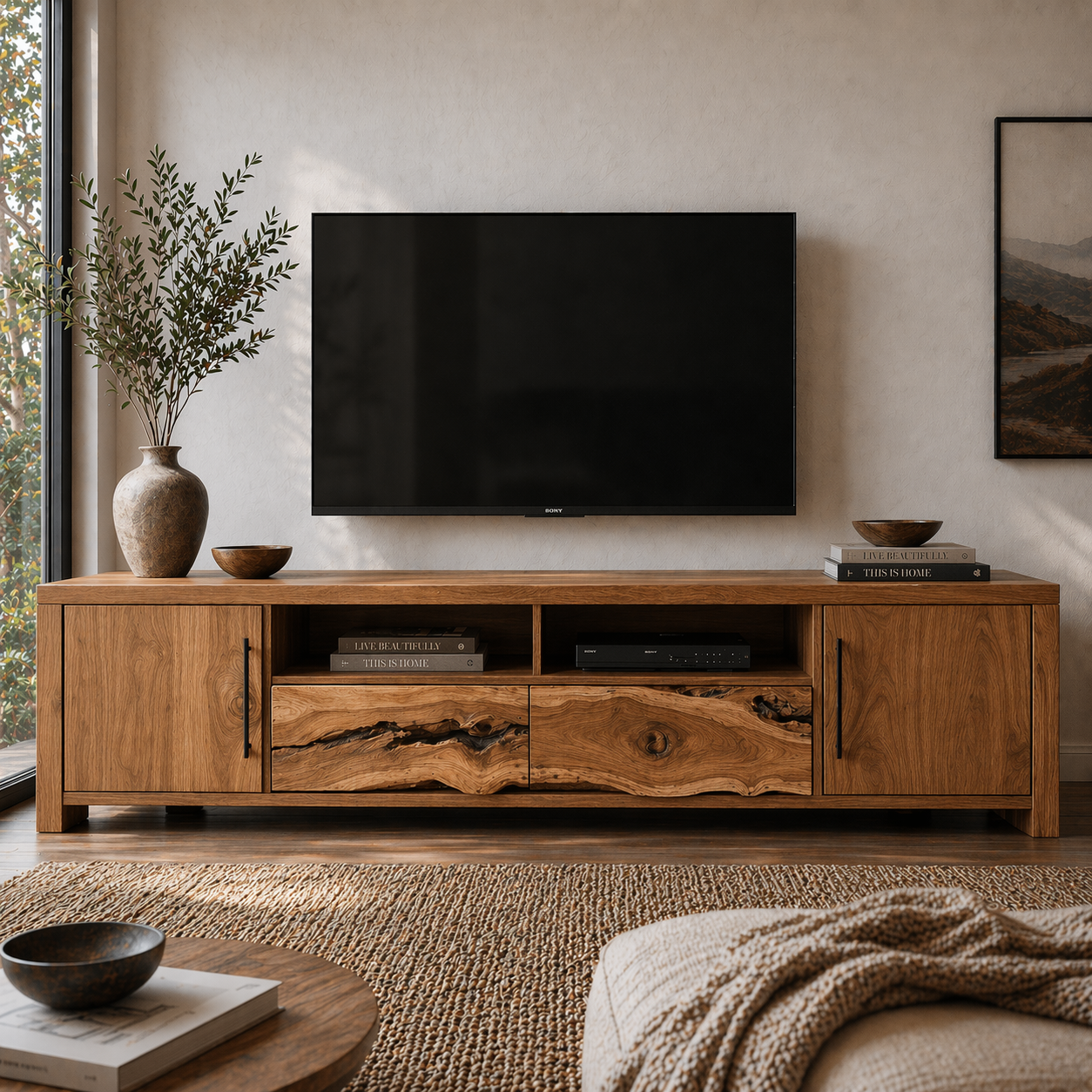 Solid Wood Media Console with Live Edge, Rustic Modern TV Stand with Storage Doors