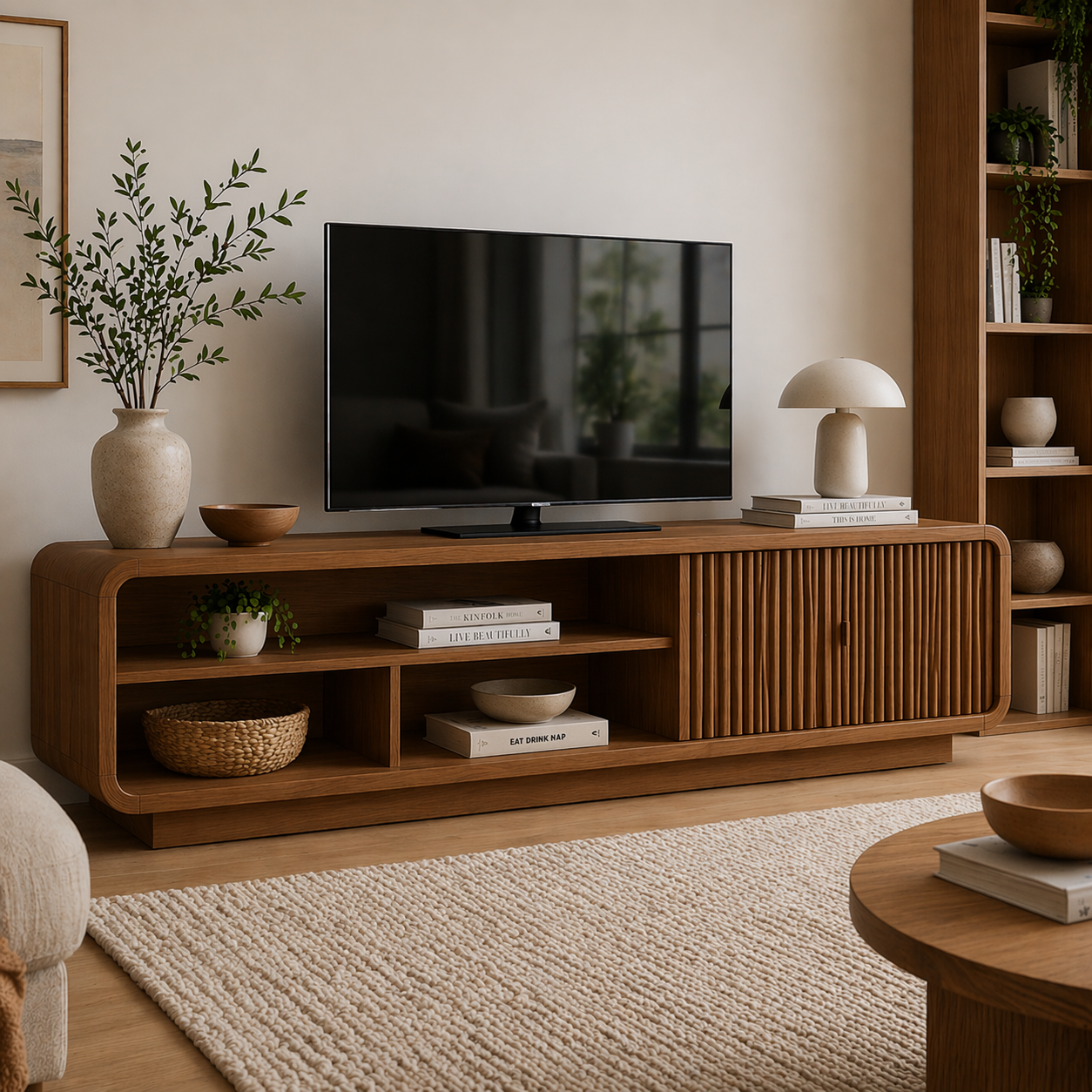 Mid Century Solid Wood TV Cabinet with Slatted Doors & Open Media Storage